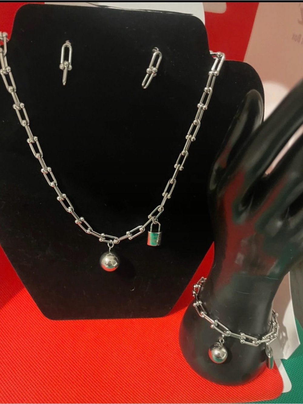 Stainless steel Silver-Tone Ball & Padlock Charm Necklace and Bracelet Set
